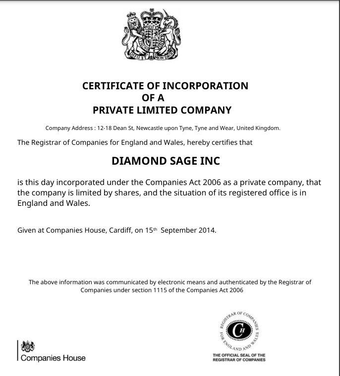 Diamond Sage Certificate